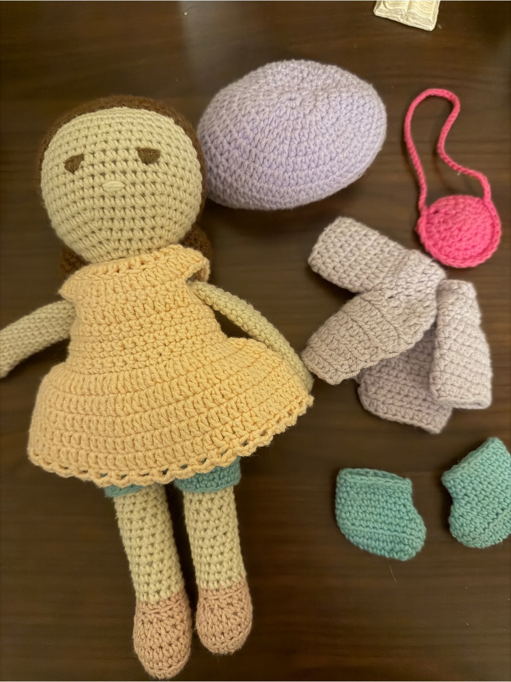 Handmade Crochet Doll Set - with shoes, coat, bag and hat to put on and off.